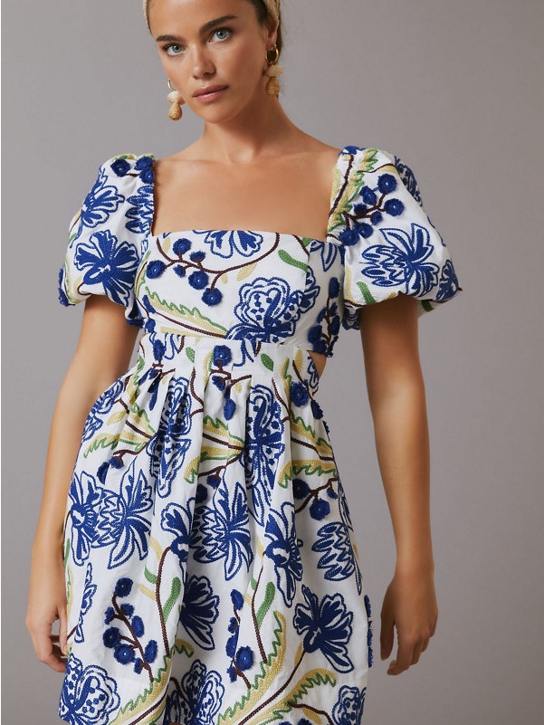 Anthropologie Blue & White Floral Puff-Sleeve Midi Dress